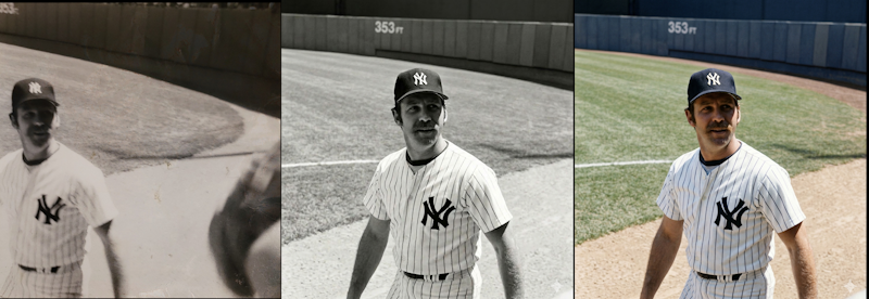 3 Images of a man wearing a NY Yankees baseball uniform in the outfield of a ballpark, shot from a few feet above him